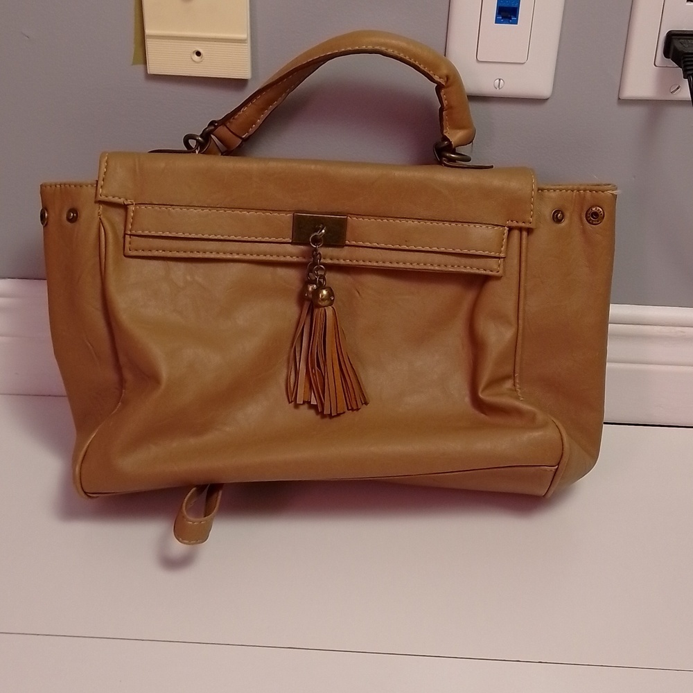Faux  leather boho tan hand bag shoulder bag with polka dot interior tassels
